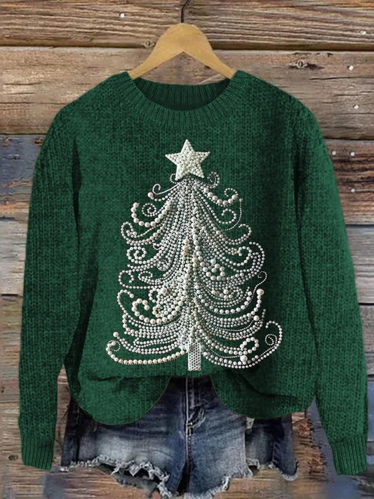 Women's Classy Christmas Tree Print Crew Neck Sweatshirt( Printed Tree Not Real Jewelry)