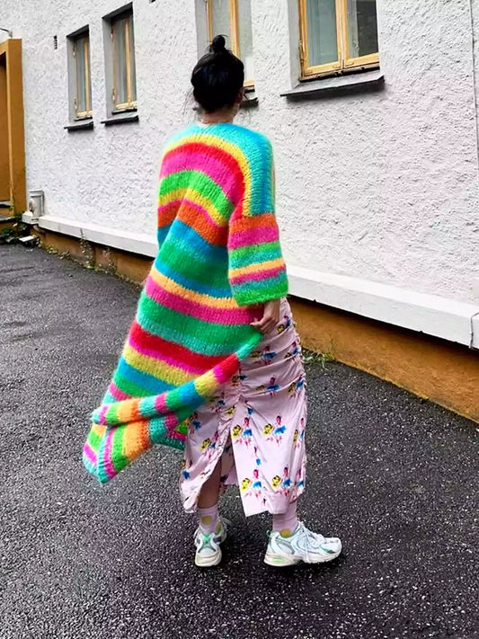 Rainbow Fleece Long Cardigan