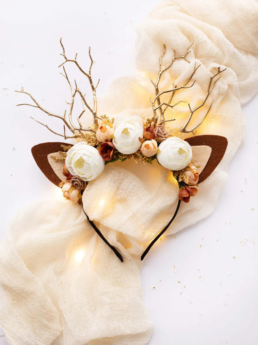 Christmas Reindeer Headband- Dusty & Cream Rosebud