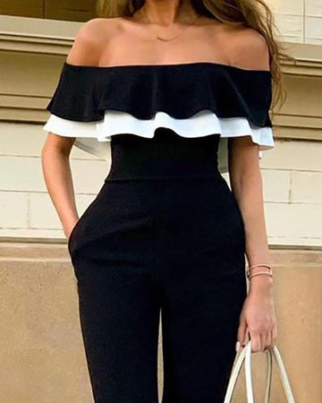 Sexy Strapless Slim Short-sleeved Ruffled Jumpsuit