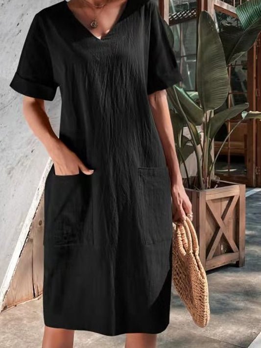 Women's Casual V-neck Short-sleeved Cotton Linen Dress