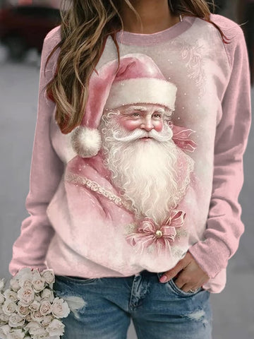 Women's Pink Santa Claus Print Christmas Casual Sweatshirt