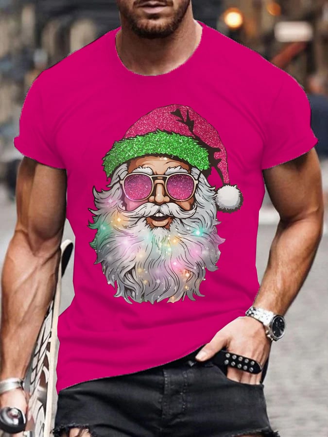 Men's Casual Shiny Santa Print T-Shirt