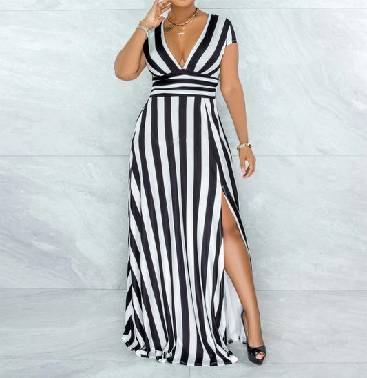 sexy-striped-high-waist-maxi-dress