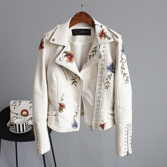 White Floral Leather Jacket