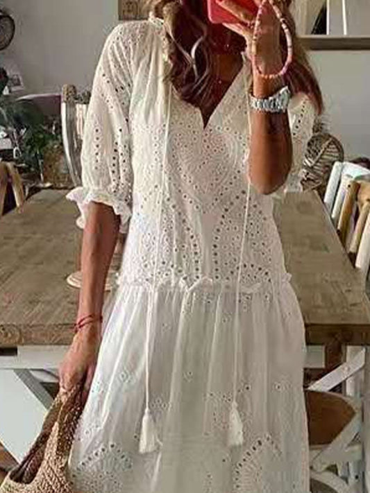 Solid Color V Neck Lace Long Dress