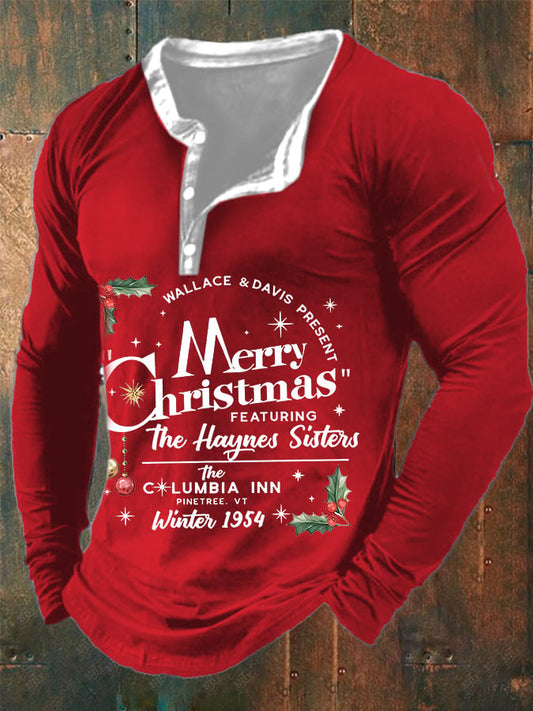 Men's Merry Christmas Print Long-Sleeve Cashual T-Shirt