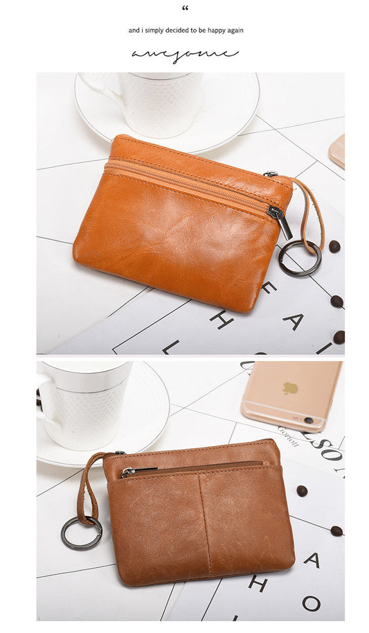 Retro zipper short cowhide small change card holder