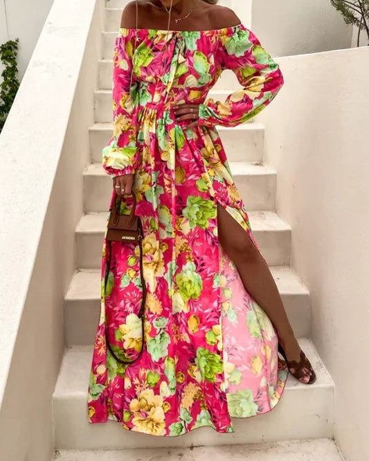 Stylish One-Line Neck Long-Sleeve Printed Slit Dress