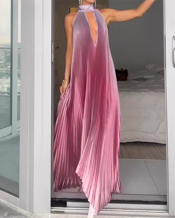 Pleated Halter Tie Back Gradient Maxi Dress