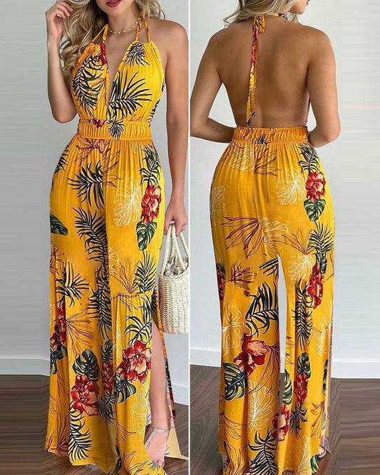 Printed Halter Sexy Halter Slit Jumpsuit