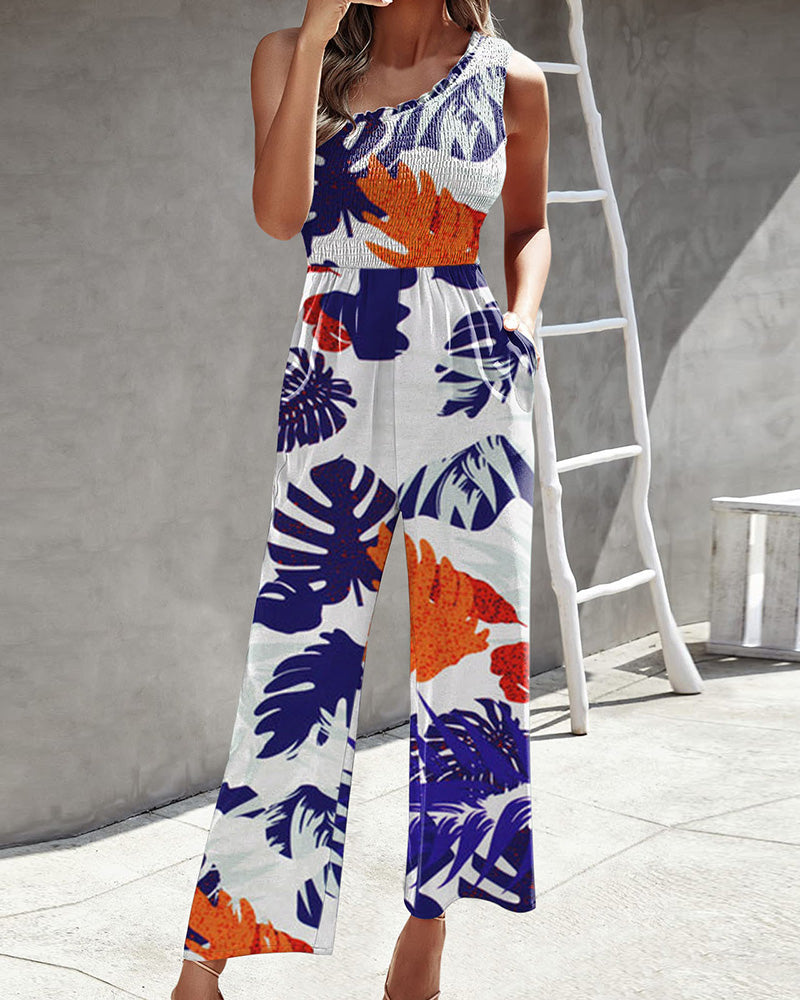 One-shoulder Colorful Print Straight-leg Jumpsuit