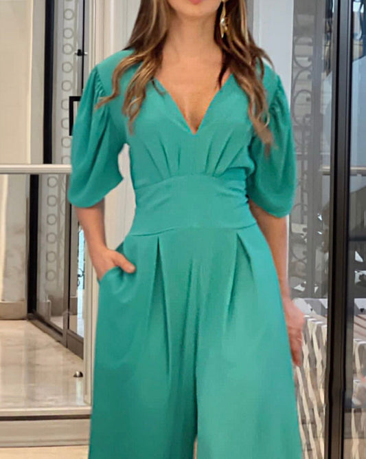 Puff Sleeve V-Neck Jumpsuit