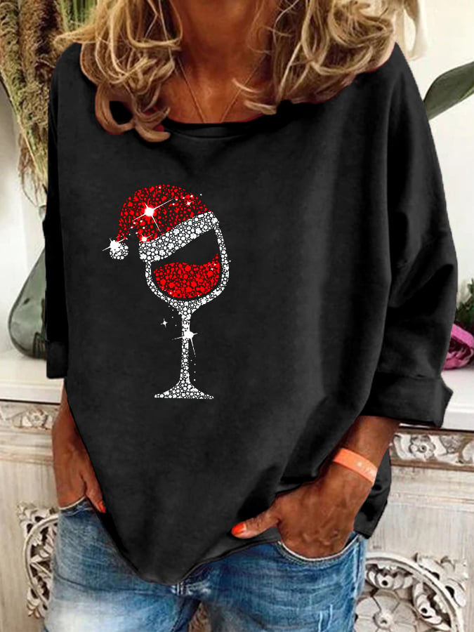 Women's Christmas Red Wine Glass Casual Top