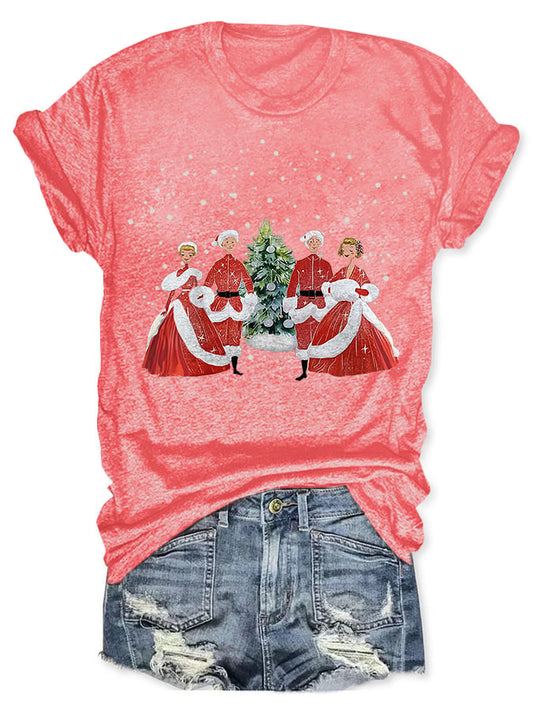 V-neck White Christmas Print T-Shirt