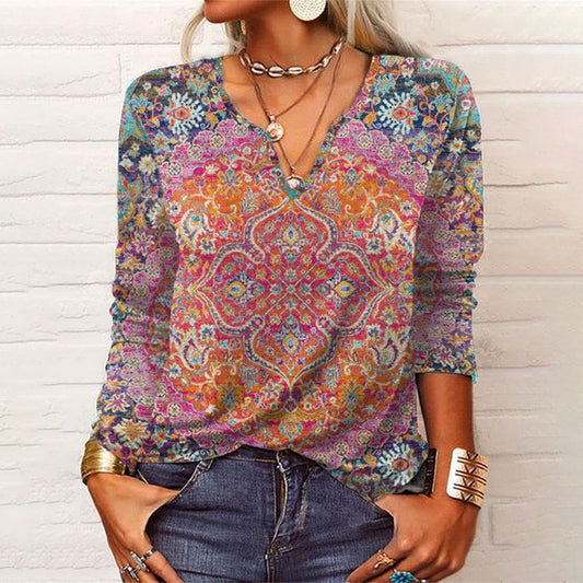 Vintage Print V-Neck Long Sleeve Casual T-Shirt