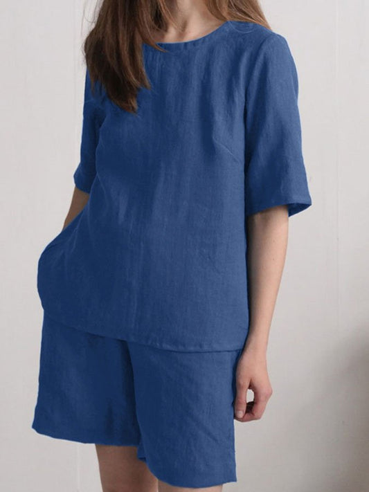 Casual Solid Color Short Sleeve Cotton And Linen Suit