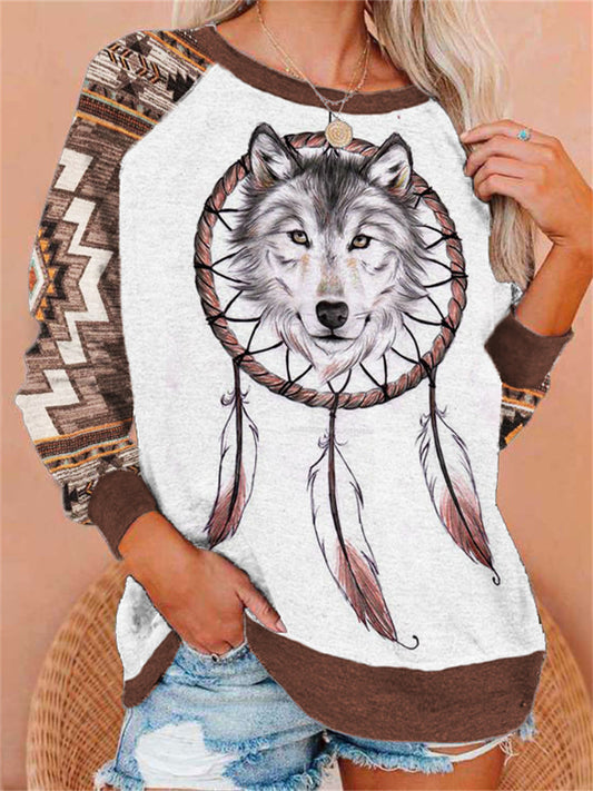 Western Wolf Dream Catcher Aztec Patchwork Sweatshirt