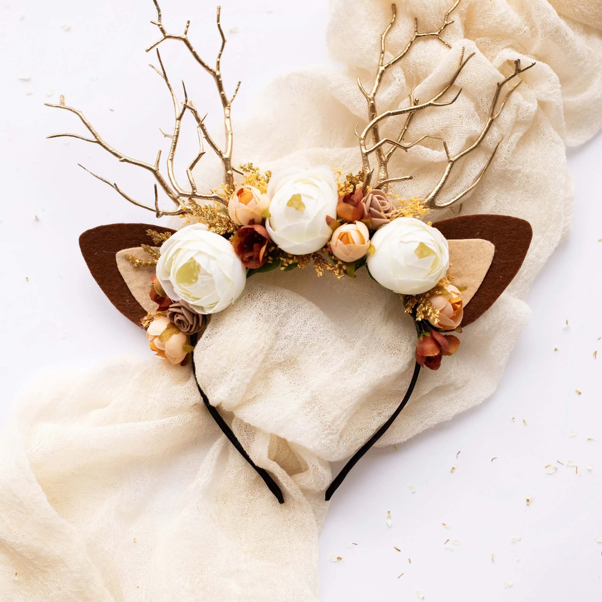 Christmas Reindeer Headband- Dusty & Cream Rosebud