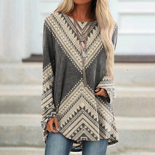 Western Print Crew Neck Casual Tunic