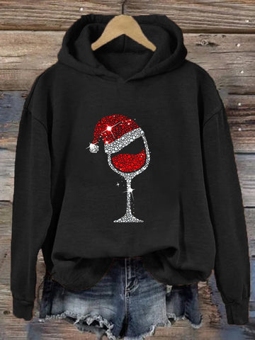 Women's Christmas Shiny Red Wine Glass Casual Hoodie