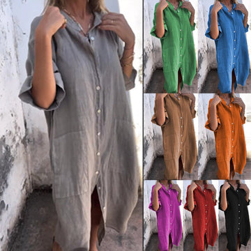 Shirt Style Casual Long Cotton Linen Dress