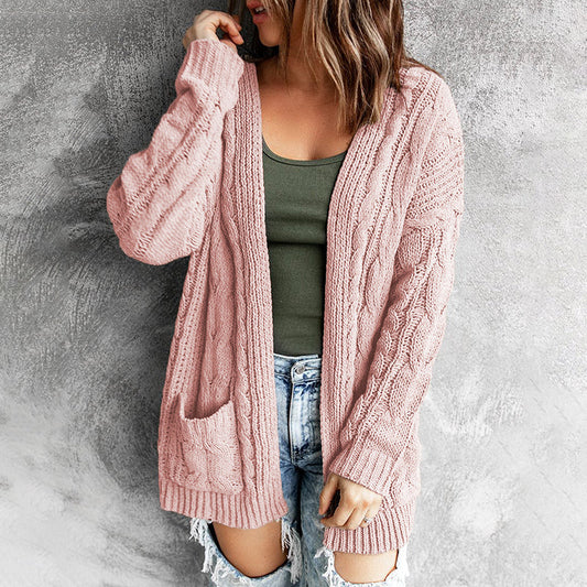 Pocket Mid Length Twist Knit Cardigan