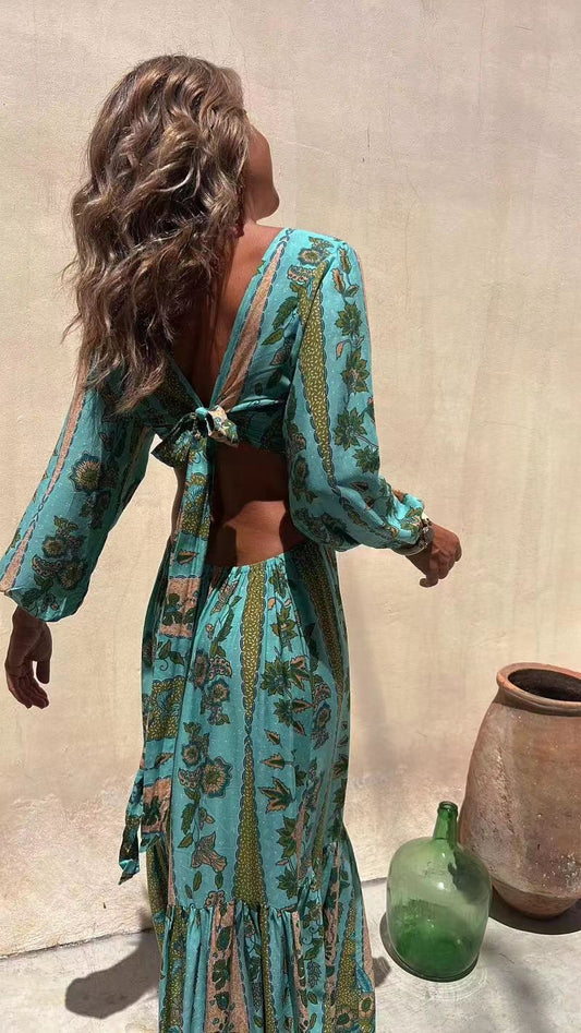 Boho Cut-Out Tie Back Maxi Dresses in Turquoise