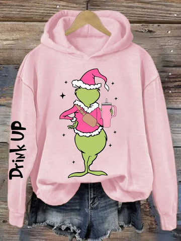 Women's Drink Up Christmas Pink Cartoon Character Graphic Casual Hoodie