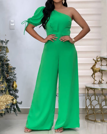 Casual Solid Color One-sleeved Jumpsuit