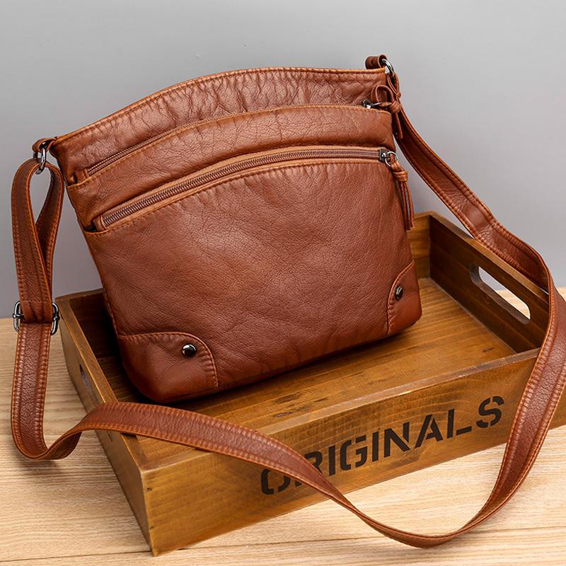 Casual soft leather solid color large capacity shoulder bag