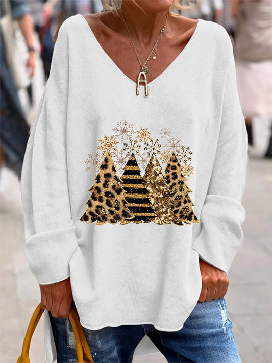 Women's Leopard Stripe Christmas Tree Print V-Neck Long Sleeve Top