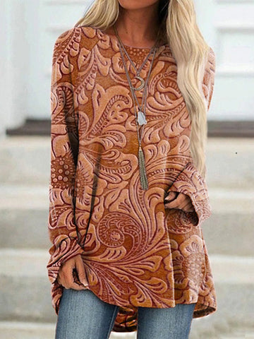 Vintage Print Crew Neck Long Sleeve Tunic