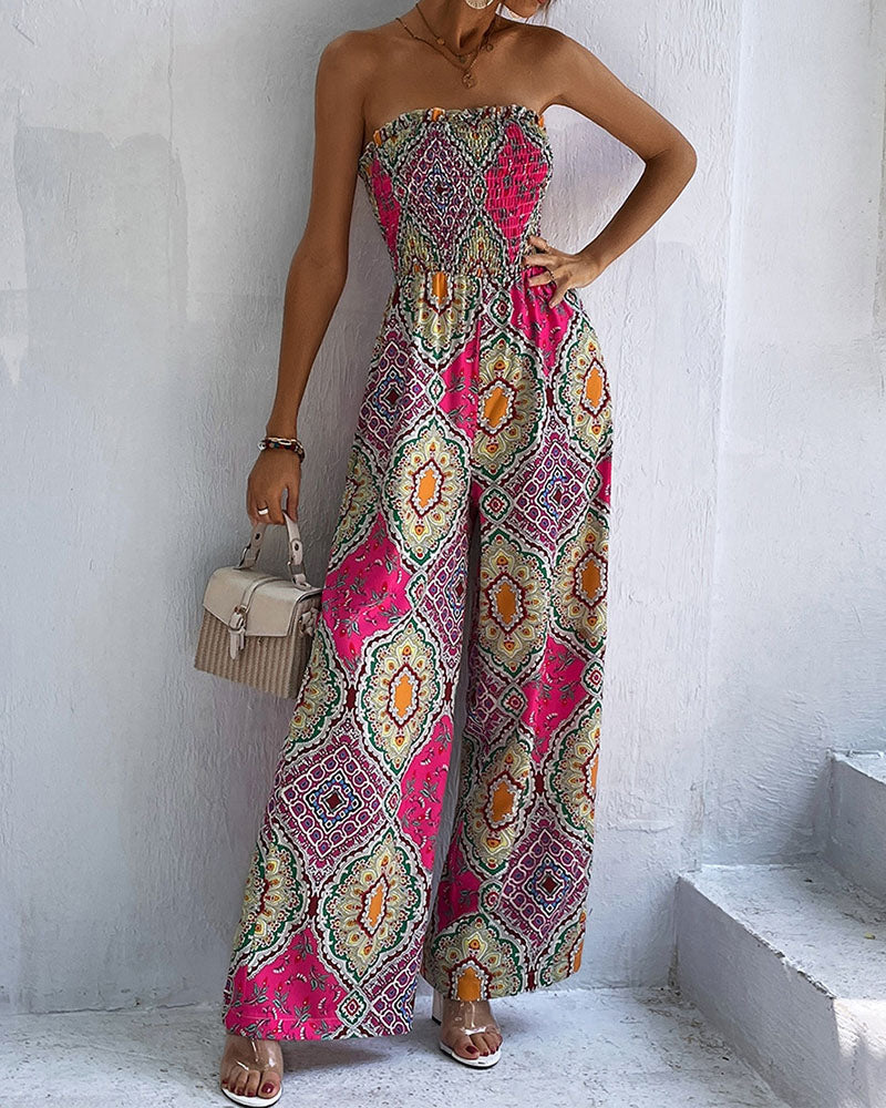 Printed Casual One-shoulder Jumpsuit