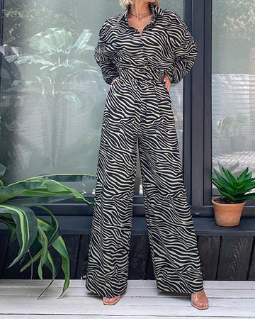 Fashion Print Lapel Long Sleeve Loose Jumpsuit