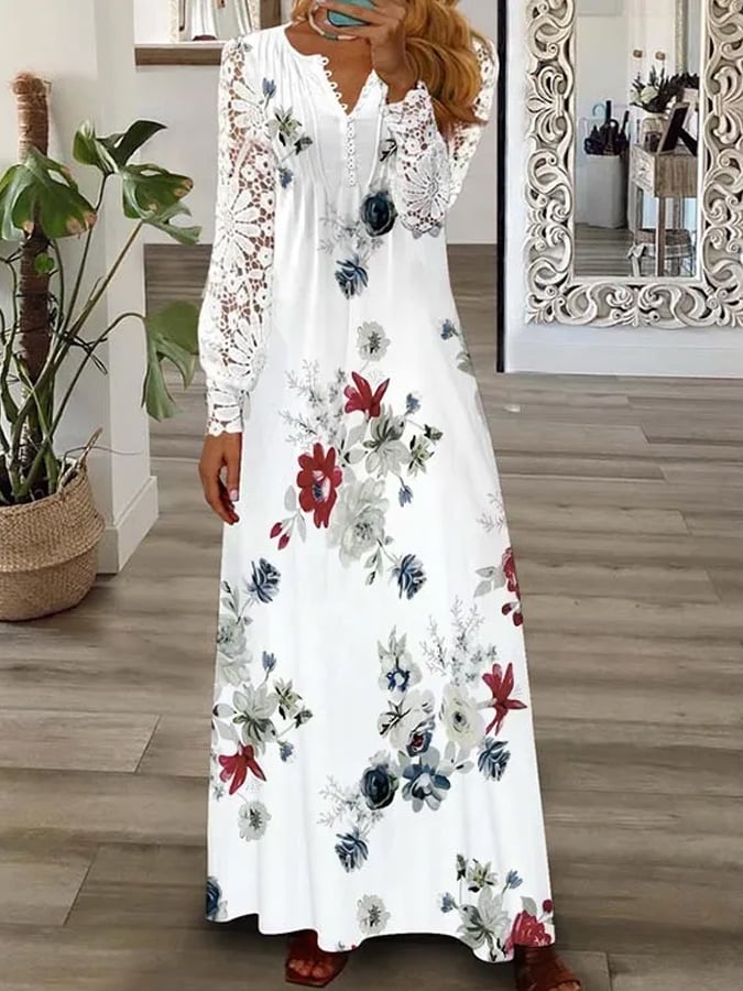 Women's Floral Print V Neck Lace Panel Long Dress