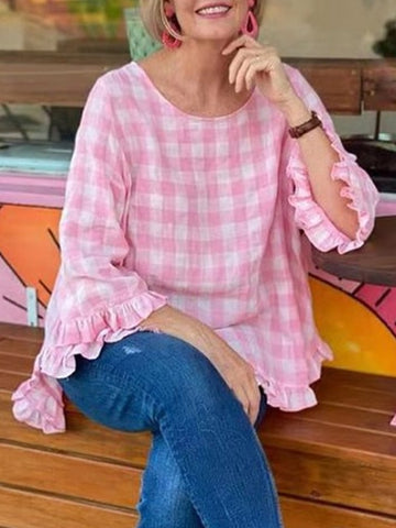 Women's cotton and linen plaid casual three-quarter sleeve top