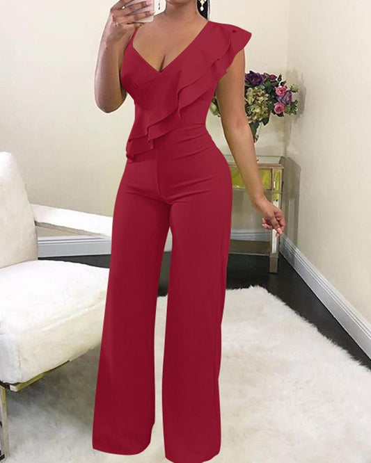 Side shoulder ruffle jumpsuit