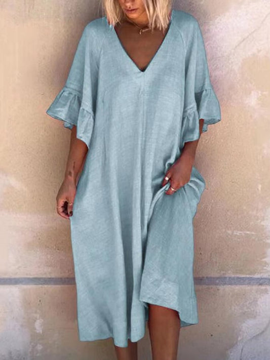 Women's Cotton Linen V-Neck Ruffled Three-quarter Sleeve Midi Dress