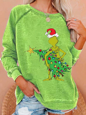 Women Funny Christmas Tree Print Casual Sweatshirt