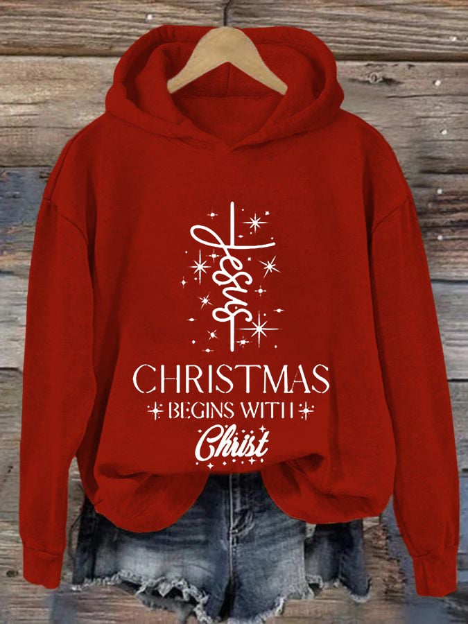 Women's Christmas Begins with Jesus Printed Casual Hoodie