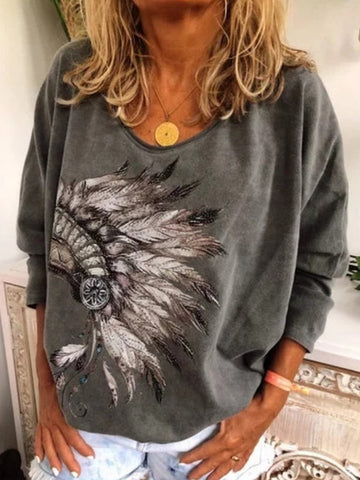 Wisherryy Printed  Long Sleeved Round Neck T-Shirt