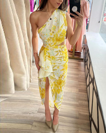 one shoulder cutout print dress