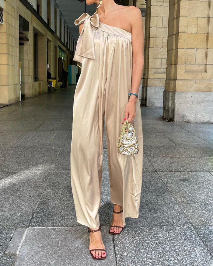 One-shoulder Lace-up Loose Solid Color jumpsuit