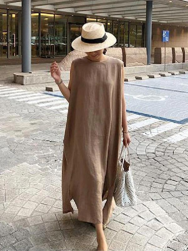 Bohemian O Neck Side Open Linen Cotton Clothes Fabrics Khaki Dress