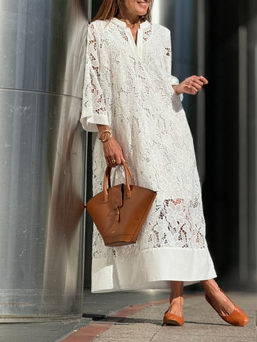 Women White Lace Spit Joint Long Dress