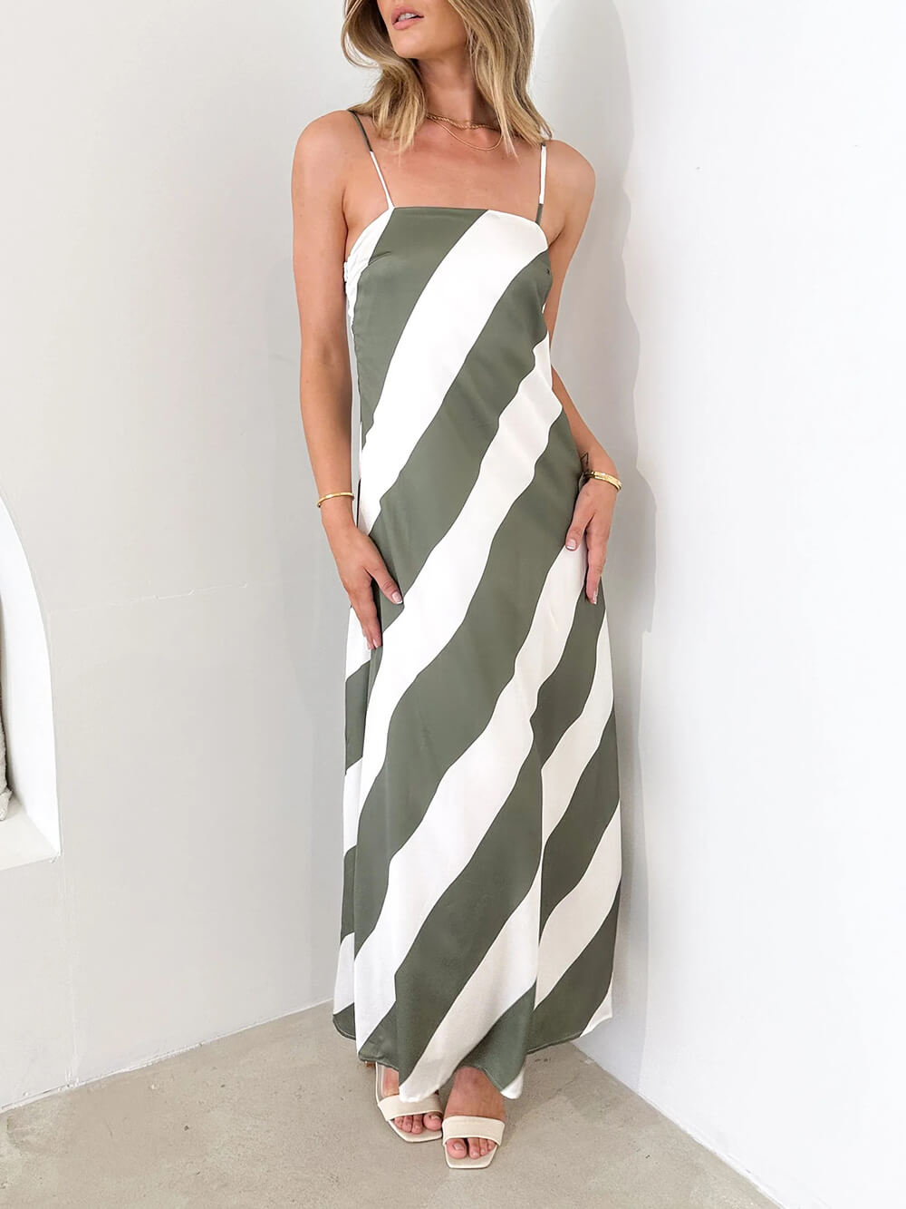 Satin Stripe Print Maxi Dress