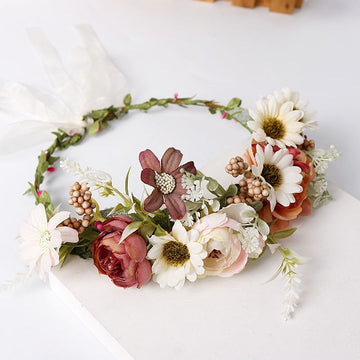 Bridal Flower Crown - Rust Red Sepia Daisy & Roses