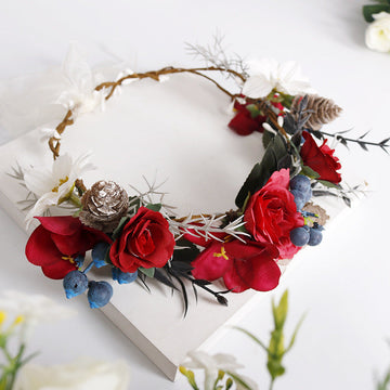 Bridal Flower Crown - Christmas Red Roses Pine Cones Blueberry