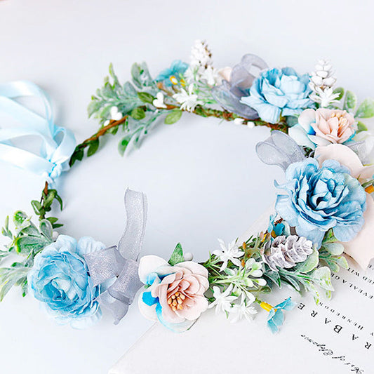 Bridal Flower Crown - Dusty Blue Peony & Blush Camellias